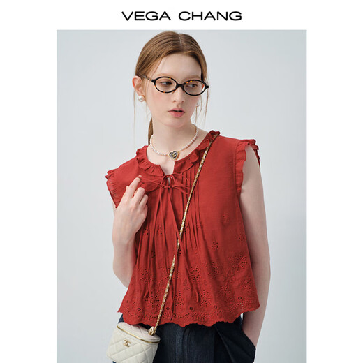 
VEGA CHANG [Single-piece necklace] shirt for women 2025 new summer flying sleeve hollow lace-up sweet sleeveless shirt shell white (shirt) L