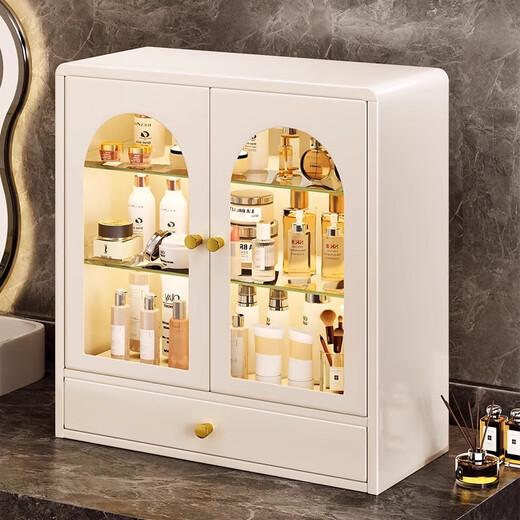 Xinwujia cosmetics storage box dust-proof dressing table storage cabinet high-end sense large capacity desktop storage rack good appearance milk white French high-end sense shipped in complete package