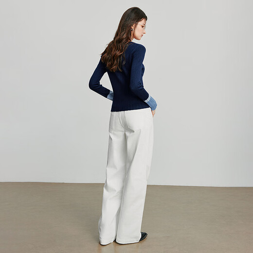 Chuyu Knitwear Women's 2025 Autumn New Contrast Color Splicing Sleeves Slimming Pit Strips Wool Soft Waxy Top Dark Blue L