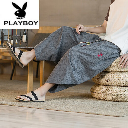 花花公子（PLAYBOY）夏季男士七分亚麻裤风提花裤子棉麻休闲裤宽松大码八分哈伦裤 灰色 L