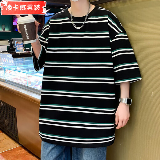 凌卡戚夏季短袖男潮流百搭条纹棉T恤青年学生帅气圆领半袖体恤港风上衣 TJB9227橙黄色 M 90-120斤