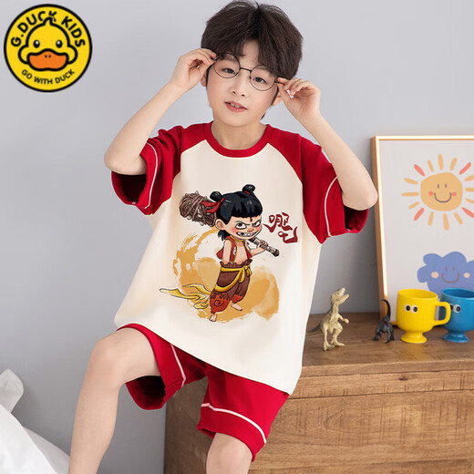 G.DUCKKIDS儿童哪吒睡衣夏季纯棉薄款短袖短裤卡通男孩宝宝夏天中大童家居服 T694哪吒 170 16码  高133-143CM