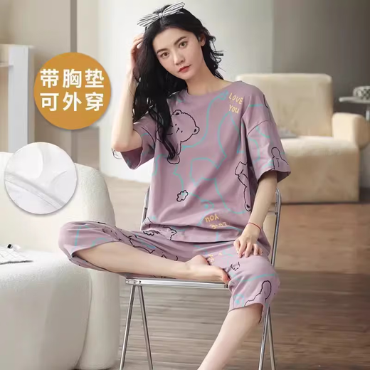 简方位免穿文胸睡衣女夏季纯棉短袖七分裤女士可外穿自带胸垫家居 带胸垫七分：679-芭比熊 M 码75-95斤左右