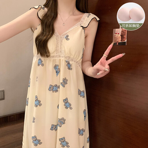 莫代尔睡衣带胸垫女夏季2025年新款睡裙纯棉公主吊带花边蕾丝性感中长裙 YZQ_9904#吊带裙爱心(带胸垫) 2XL XXL