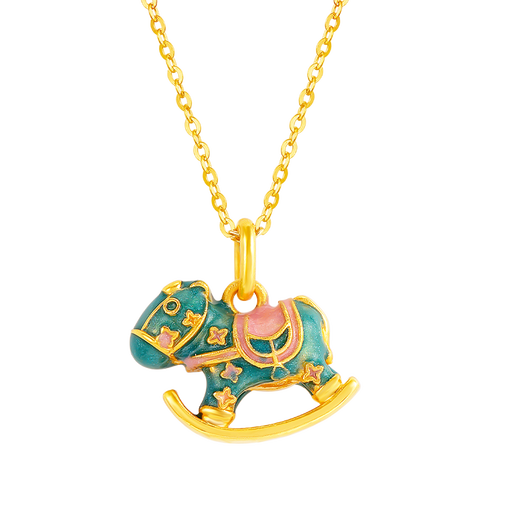 Mingzuan International 18K gold small wooden horse pendant female au750 new national trend fashion enamel neck necklace birthday gift for girlfriend