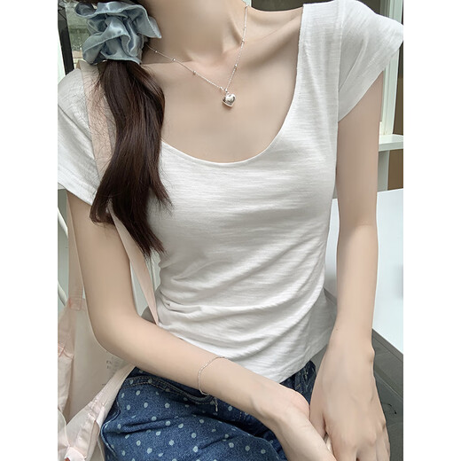 ELOF夏季薄款竹节棉纯欲短袖T恤女正肩大领口性感露锁骨上衣 1391#浅粉 S