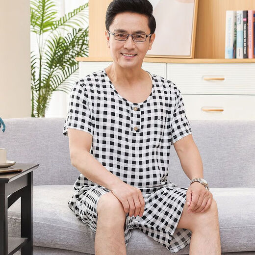 Mu Fengqing Summer en soie en soie Nouveau pyjama Pyjama d'âge moyen et âgé pour hommes et personnes âgées Round Neck Pullover Shorts à manches courtes à manches à manches à manches courtes 2694 VILLES CHOSS L Recommandé 100-135 Jin [Jin est égal à 0,5 kg]