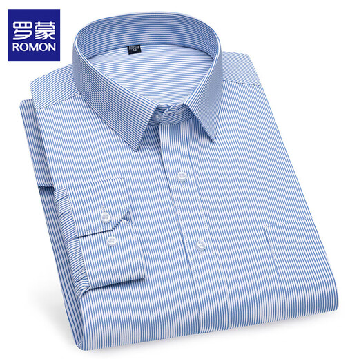 Romon long-sleeved shirt for men business professional casual inch shirt middle-aged and elderly loose striped plaid pure white shirt 6636 blue triangle 38