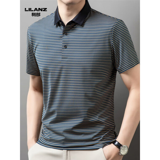 Lilang men's lapel short-sleeved T-shirt summer striped young and middle-aged business casual POLO shirt ice silk breathable top green 13691 M 170
