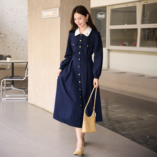 Xiangying French navy style waist-closing dress for women 2025 autumn new long-sleeved lapel navy temperament skirt Navy blue M 160/84A/95-110Jin[Jin equals 0.5 kg]