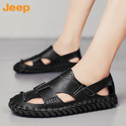 Jeep (JEEP) men's sandals men's summer 2023 new style soft-soled slippers driving dual-purpose work and work beach leather 12033 HY Black 39