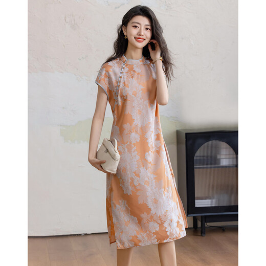 Demana [glossy satin jacquard] summer Chinese style new Chinese cheongsam skirt stand collar shoulder waist-hugging women's dress