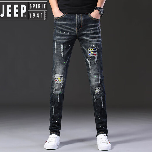 JEEP SPIRIT summer thin ripped jeans for men handsome trendy brand stretch 2025 new slim fit small feet trendy trousers for men 687 black 28