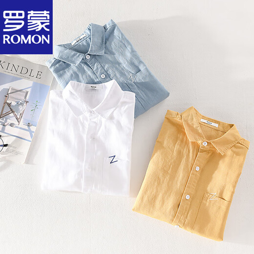 Romon Men's Men's Short à manches à manches japonais Loose Loue Été jeunesse Couleur solide COST COSTON COTTON LINEN 9711 White M Jin [Jin est égal à 0,5 kg]