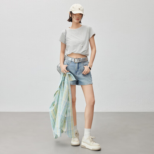 MeiYANG (MEIYANG) Xiaguo No. 4 denim shorts, extra-deep orchid-small texture A-line casual pants, light blue M