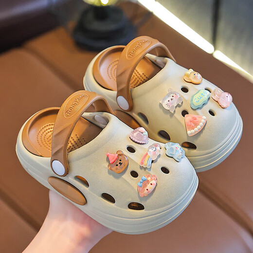 Eva Sommer neuer zweifarbiger süßer Cartoon Boy and Girl Loch Schuhe Nicht schlupfende Kee-resistente atmungsaktive Heimlochschuhe Khaki [Kristall] 26 Innere Länge 17 cm