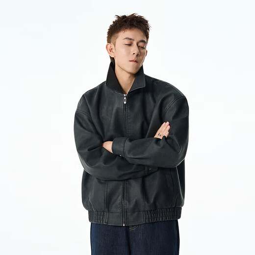 American trendy brand retro PU leather jacket with spliced lapel jacket for men, spring and autumn loose and versatile casual jacket, black M