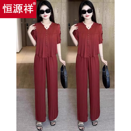 恒源祥时尚雪纺休闲运动服套装女2025夏季今年流行显瘦遮肉阔腿裤两件套 红色【上衣+裤子】面料 M 【建议80-100斤】