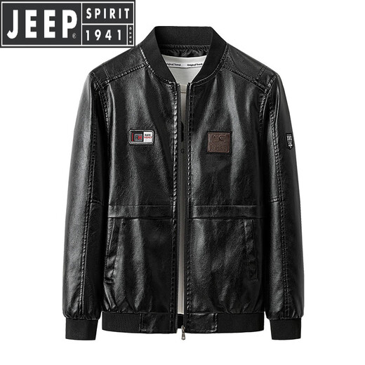 JEEP SPIRIT Jeep Leather Motorcycle Jacket Men's 2026 Spring and Autumn Baseball Collar Windproof Jacket Handsome Slim Clothes Black XL