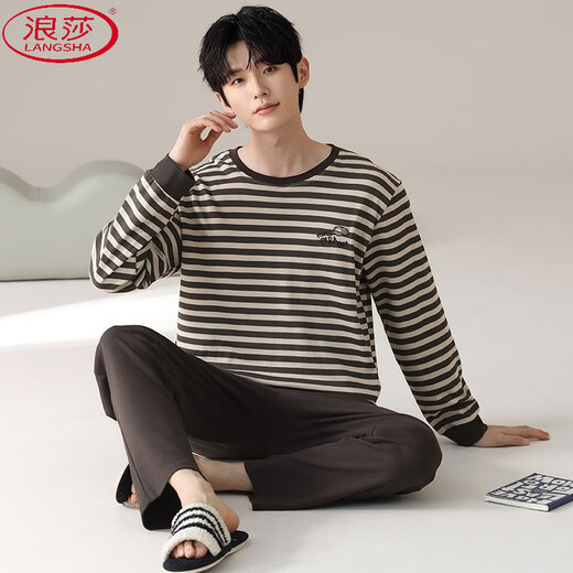 LangSha pajamas men's spring and autumn hot pure cotton long-sleeved plaid fashion trend plus size can be worn outside home clothing set 9901 QDX 2XL