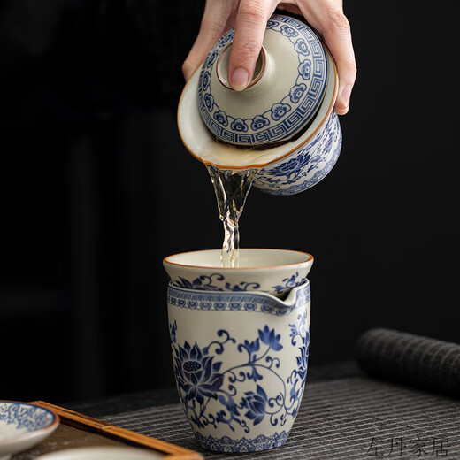 Chuangjingyi chose father's birthday gift practical 60-year-old tea set Ru kiln blue and white tea set set 2025 new home tea brewing 9214 mutton fat Yujiangshan purée - gift box pack