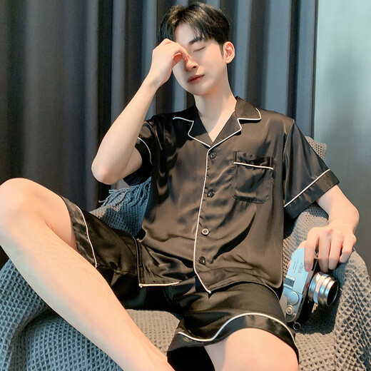 
New ice silk pajamas for men 2025 summer day black high-end shorts shorts home clothing G723 L is about 170 height, weight is 100-130 Jin [Jin equals 0.5 kg]