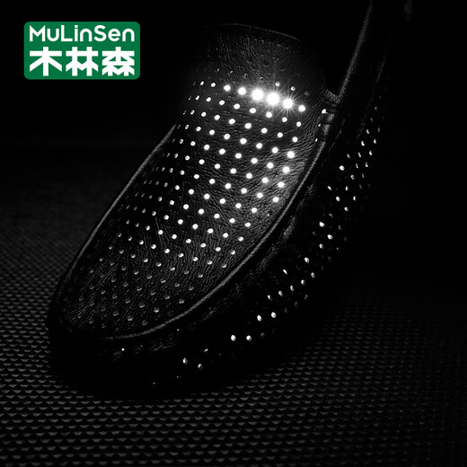 木林森（MULINSEN）凉皮鞋男真皮凉鞋休闲豆豆鞋夏季镂空透气软底一脚蹬爸爸鞋洞洞鞋 DY-MT9901黑色镂空 38