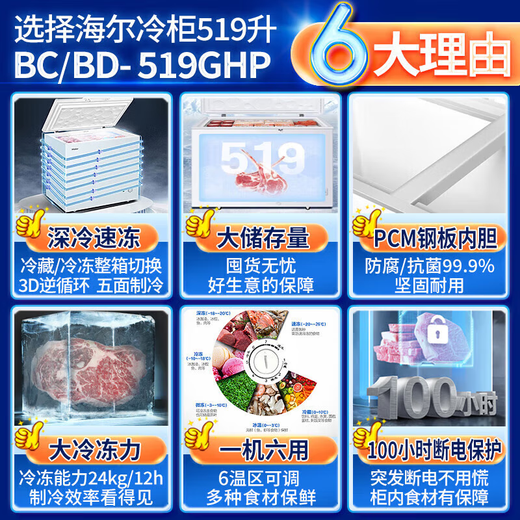 海尔（Haier）【免除霜一级能耗】家用冰柜大容量顶开门卧式冷冻柜商用冷柜单温速冻超低温深冷 519升 约装674斤【-26℃ 减霜80%】