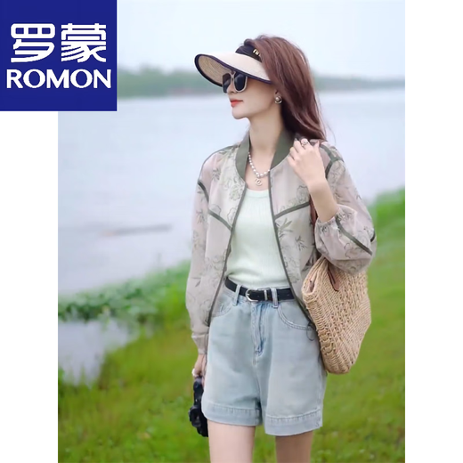 ROMON printed short fashionable sun protection clothing baseball uniform for women 2025 summer loose thin small breathable and fashionable sun protection clothing green M (100-115Jin[Jin equals 0.5 kg])