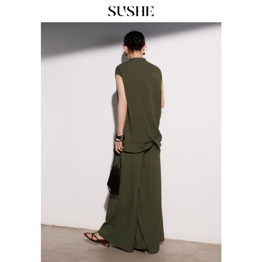 SUSHE Minimalism Textured Glossy V-neck Loose Sleeveless Top Straight Pants Suit Qing Hao-Top S