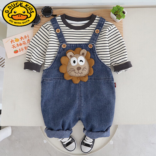 G.DUCKKIDS baby boy spring and autumn denim overalls set new fashionable cartoon baby children's clothes autumn two-piece set green L Lion strap two-piece set 100