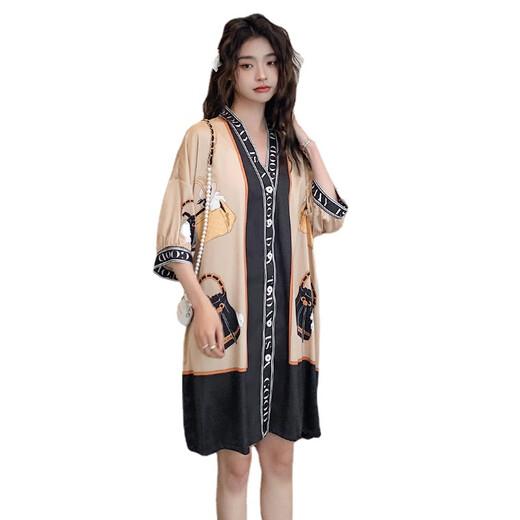 
Uniqkuku [same style in the mall] pajamas women's summer playful and cute V-neck cardigan loose large version nightgown 2694-black one size