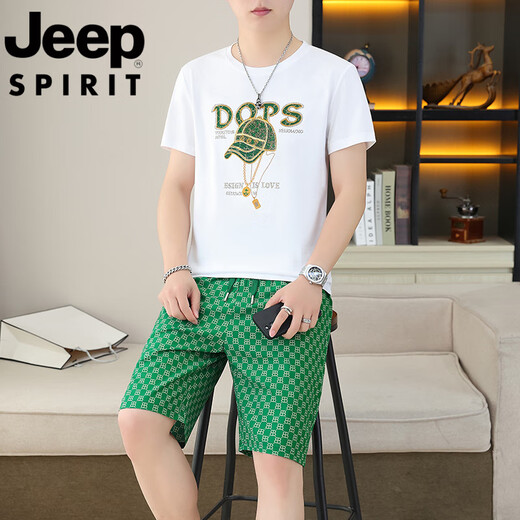 吉普（JEEP）短袖套装男夏季新款潮流休闲时尚男士圆领烫钻t恤休闲两件套 T9909黑色【短袖+短裤】 M 90-110斤