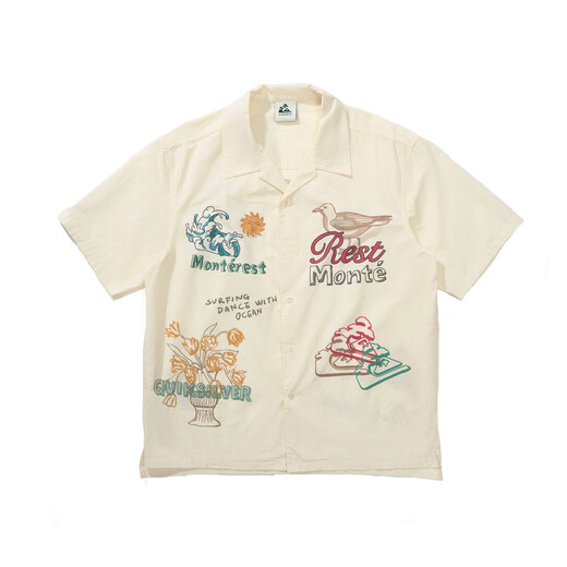 Instant Monterest x Quiksilver Co-Branded Printed Seaside Urlaub Freizeit Lose Kurzarmblumenhemd Beige M.