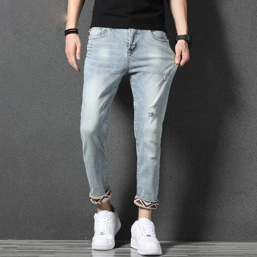 Jeep Spirit gesticktes Spleißen zerrissene lockige Jeans für Männer Sommer Neue schlanke und vielseitige hübsche lässige Hose für Männer 869 Hell Blue 31
