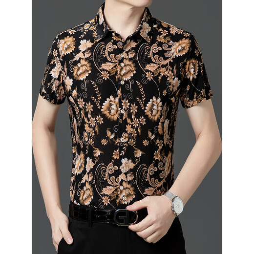 
Seven Wolf (SW1960) summer print short-sleeved floral shirt men's handsome Chinese style dragon pattern ice silk inch shirt half sleeve casual dad suit yellow 9898 model 2XL 185
