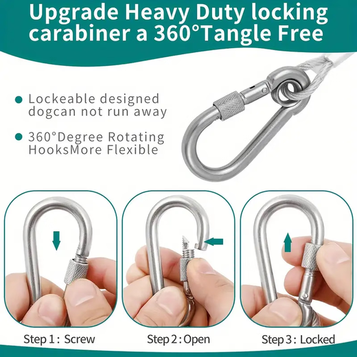 Extended stainless steel dog traction rope dog leash small, medium and large dog pet steel wire rope thick chain dog rope anti-bite silver gray + double-ended carabiner rope thickness 3 mm total rope length 2 meters