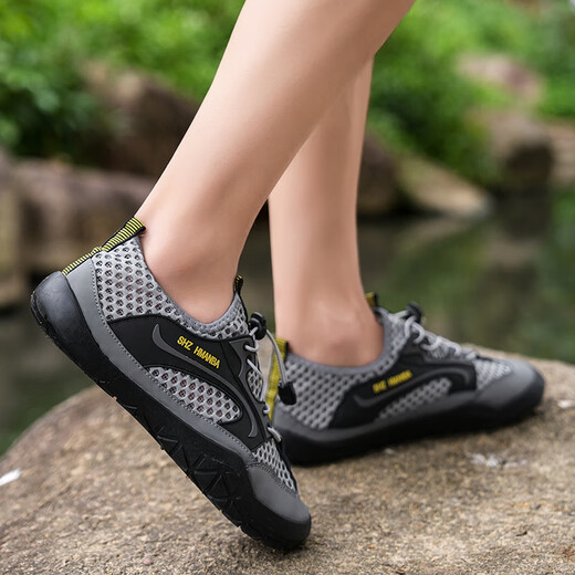 Remtin hollow summer men's shoes new sandals mesh non-slip breathable casual outdoor large net sports shoes 1276 gray (recommended to increase one size to shoot) 39