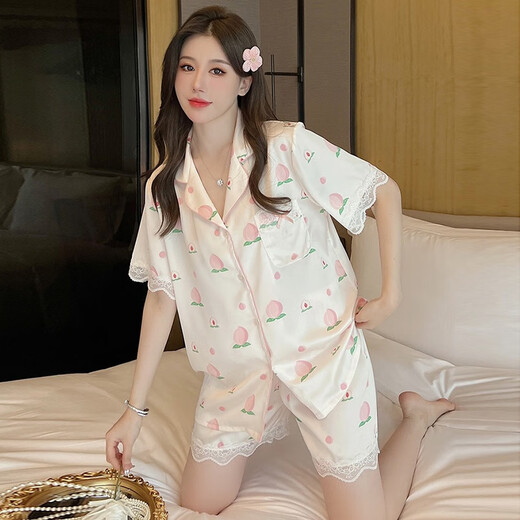 猫人（MiiOW）夏季睡衣女款冰丝短袖长裤高级感甜美水蜜桃夏天薄款丝.绸两件套 FS_9905#开衫短长水蜜桃 M