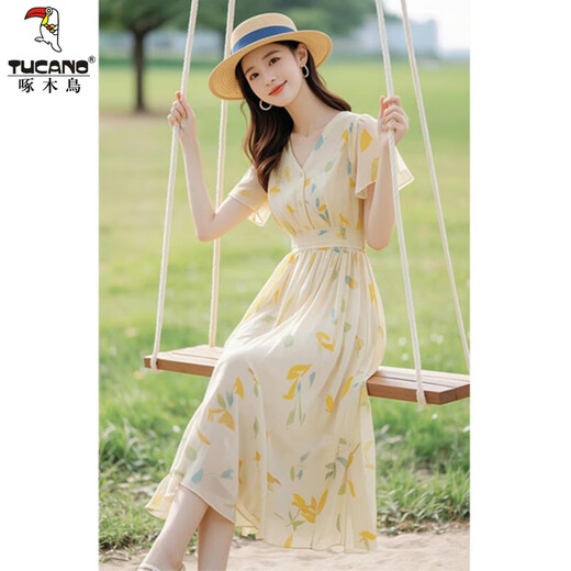 Woodpecker gentle date chiffon dress for women in summer 2025 new style this year's popular waist-closing seaside vacation floral long skirt picture color M suggests 95--104Jin [Jin equals 0.5 kg]