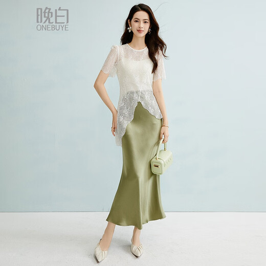 
Late white 2025 summer simple temperament cotton blouse short sleeve hollow print design sense irregular hem T-shirt for women off-white M