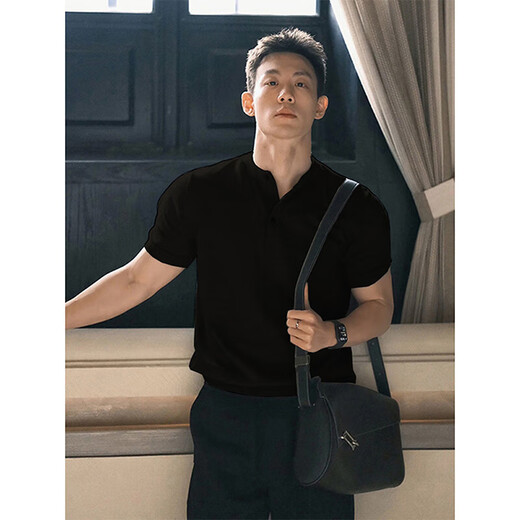 Main style (ZHUYIFAN) black training right-shoulder short-sleeved polo shirt for men, handsome Henley collar T-shirt showing muscle fitness half-sleeves, black, upgraded model 3XL (suitable) 190-210Jin Jin is equal to 0.5 kg