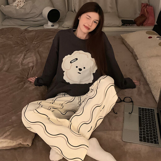 Yalu new pajamas for women in spring and autumn summer long-sleeved cute student dormitory pure and lustful home clothing set KT-16818-wavy dog ​​M [suggested 80-100Jin [Jin equals 0.5 kg]]
