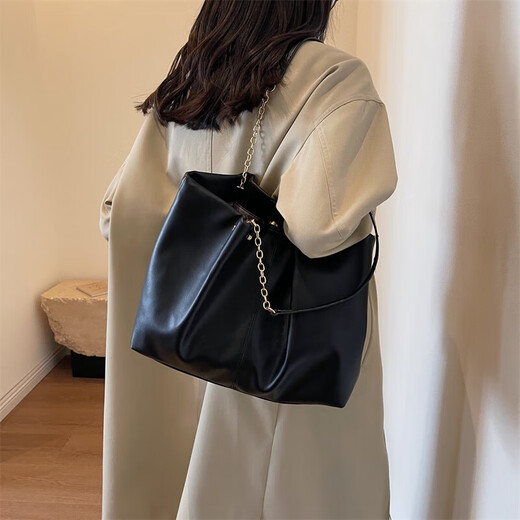 包包2025新款软皮托特包大容量女小众高级感大学生上课手提单肩包 黑色