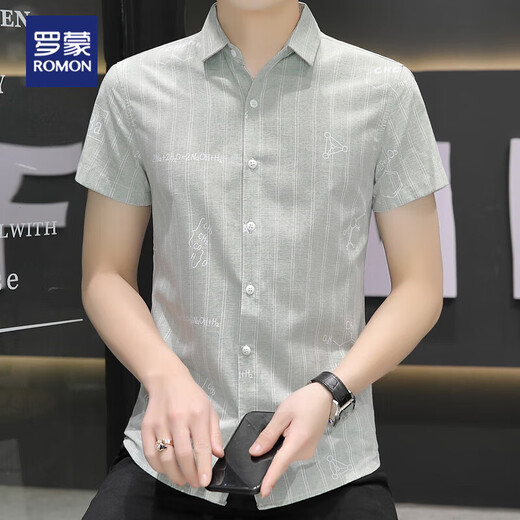 
Romon ice silk short-sleeved shirt men's summer ultra-thin gradient color casual shirt half-sleeved square collar clothes handsome men's clothing 844 green 3XL