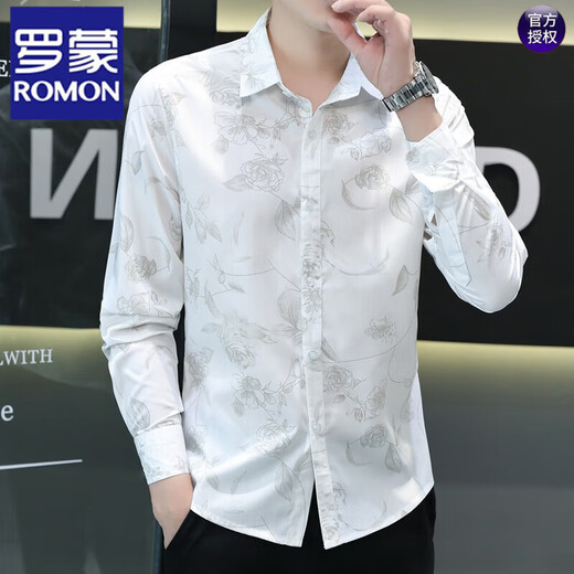 罗蒙（ROMON）印花衬衫男长袖青年花卉图案棉薄款修身时尚痞帅休闲碎花衬衣潮 723蓝色 M 80-104斤