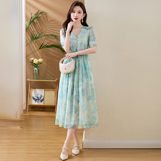 Aemape Mulberry Seide High-End-Temperament hoher Taille V-Ausschnitt gedruckter Rock für Frauen 2025 Sommer neuer Seiden mit mittlerer Länge gefälschter Stil Kleid Bild Farbe L 1105-115jin [Jin gleich 0,5 kg]