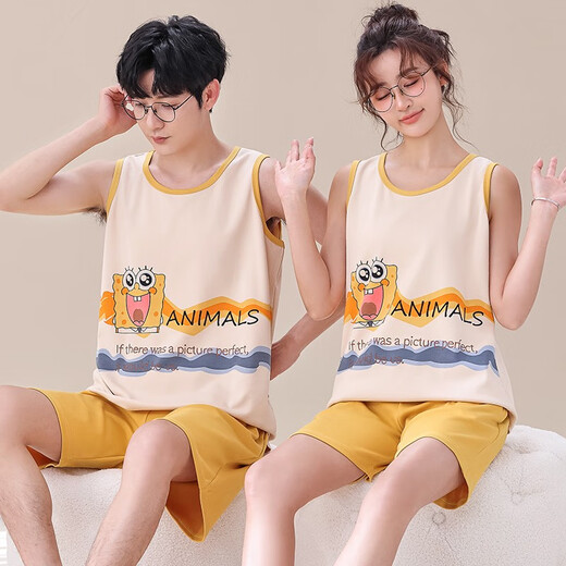 
KuZHANG (KUZHANG) summer pure cotton couple pajamas thin sleeveless loose men and women vest suspender shorts large size home clothing set wj9856 Ya vest cover M women/75-95Jin[Jin equals 0.5 kg]