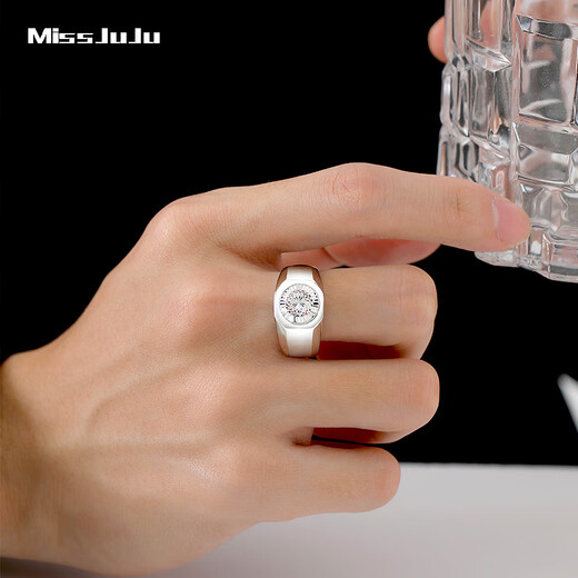 Miss JuJu PT950 platinum ring for men, fashionable platinum wide face men's ring, diamond-shaped imitation diamond turned flower ring, weight 13.62g