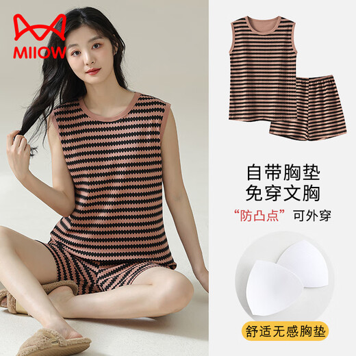 
Catman (MiiOW) vest pajamas with chest pad for women for women in summer pure cotton thin summer sleeveless home clothing set can be worn loose large size for outside. Vest cover with chest pad/suit-F9856 M Women Recommended 80-100Jin [Jin equals 0.5 kg]